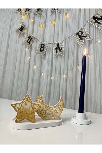 Verda Desing Ramazan İslam Figürlü Ay ve Yıldız Şekilli Altın Boyalı El Yapımı Dekoratif Tasarım Mum Seti (2 Li)