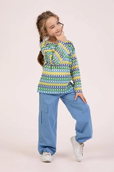 Magu Girl's 3 Piece Set – Patterned Sweatshirt, Cargo Pants and Basic Undershirt