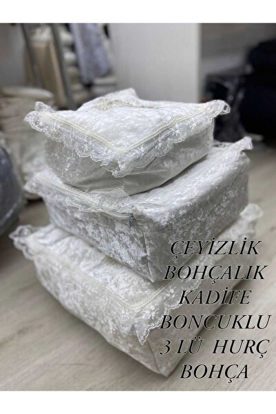 HMZ TEKSTİL ÇEYİZLİK BOHÇALIK  BONCUKLU VE KADİFE  3 LÜ FERMUARLI BOHÇA HURCU .