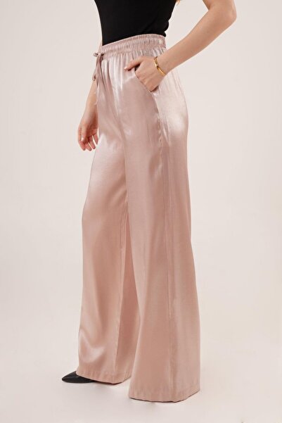Pazarcan Beige Wide Leg Trousers with Shiny Look Pockets