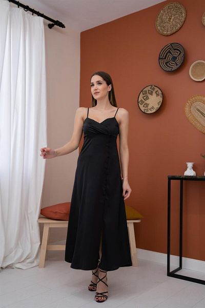 modaserdem Women's Black Strap Satin Night-Graduation-Wedding-Evening Dress