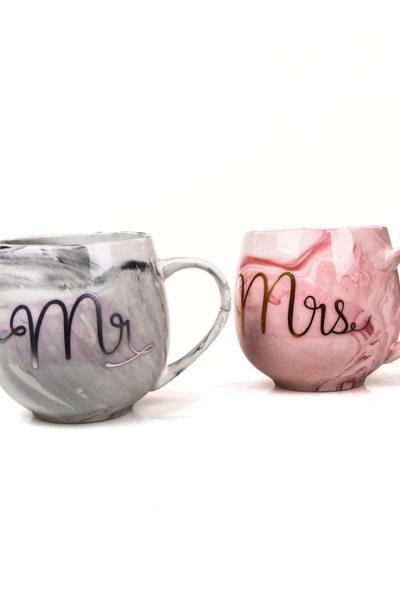 MUKKO HOME Luxury Marble Patterned Mr & Mrs Set of 2 Porcelain Mugs, 400 ml and Gift Box.