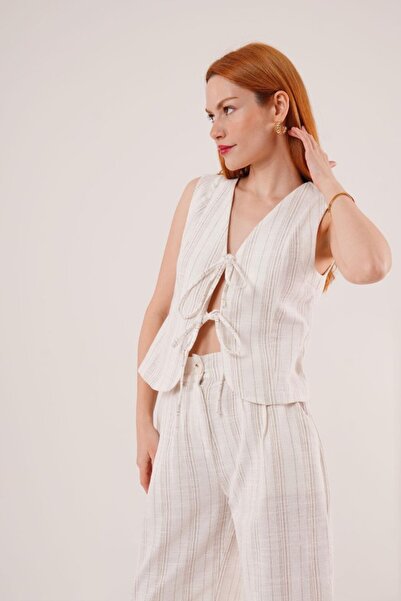 JANES Передня застібка, детальний жилет і штани, двоколірний комплект з смужками