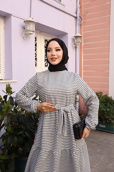 modessia ΓΥΝΑΙΚΕΙΟ Μαύρο Μακρύ Φόρεμα Hijab από ύφασμα Seersucker με ζώνη 0402