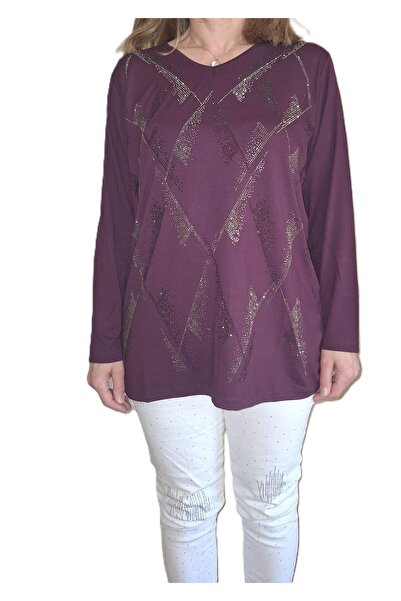 HaiModa Kadın Anne Penye Bluz Büyük Beden Ön Taşlı Uzun Kol U Yaka