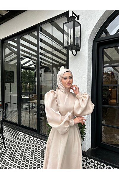 ALFUDO Moda Collection Cindy Saten Uzun Omuz Detaylı Tesettür Mezuniyet Abiye...