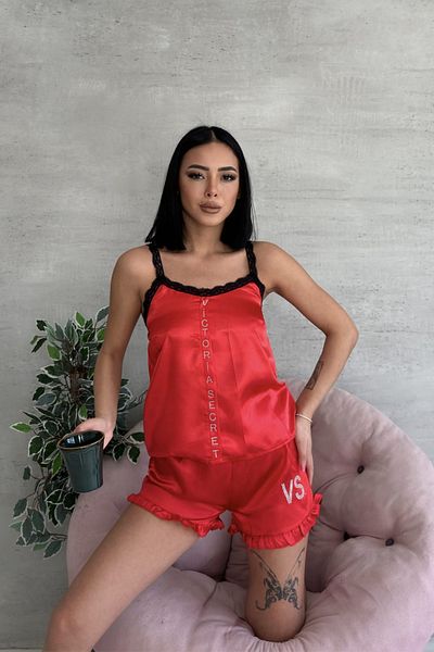 FENZO Set pantaloni scurți roșii brodați cu dantelă din satin