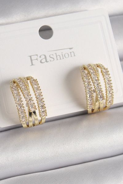 Clariss Brass Gold Color Zircon Stone Hoop Model Women's Earrings