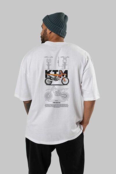 Ankhises KTM 250 EXC Πίσω εμπριμέ λευκό μπλουζάκι Oversize βαμβακερό λαιμόκοψη Ανδρικά Γυναικεία