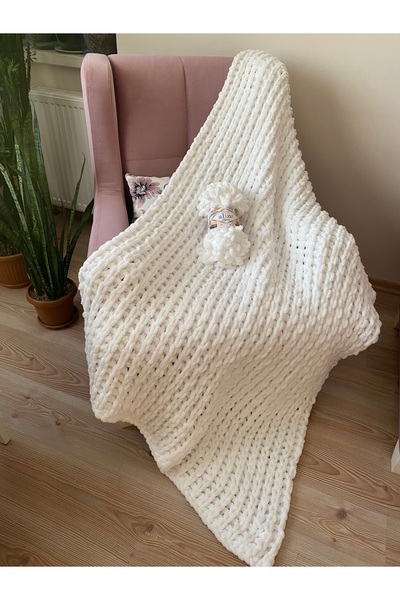 Alize puffy örgü beyaz tv battaniyesi