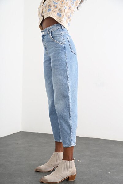 eymenn butik Kadın Açık Mavi Yüksek Bel Mom Pantolon Kot Pantolon