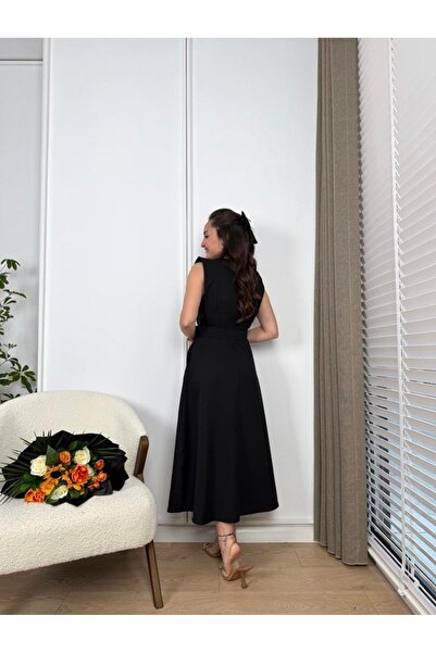Butik Aura Mou Siyah Bisiklet Yaka Sıfır Kol Cepli Kemerli Kloş Elbise