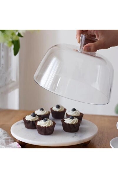 Akayev Marble White 25 cm Wooden Bead Footed Glass Jar - Bread and Cake Stand - Cake Stand