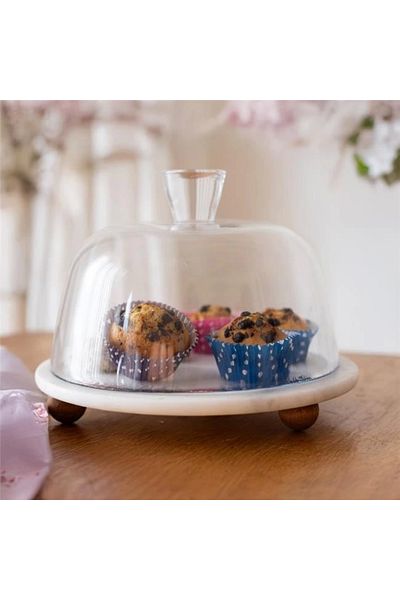 Akayev Marble White 25 cm Wooden Bead Footed Glass Jar - Bread and Cake Stand - Cake Stand