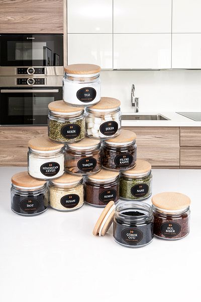 Karçiçeği Home 12-Piece Vacuum Labeled Glass Spice Jar Storage Container with Lid - Jar 300 ml