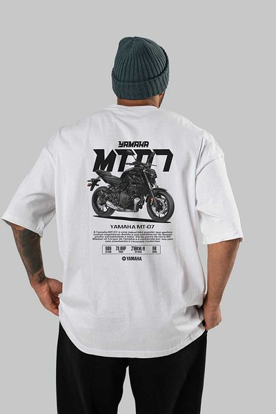Ankhises MT-07 Tricou supradimensionat, alb, imprimat pe spate, bumbac, cu gâtul turn, bărbați și femei