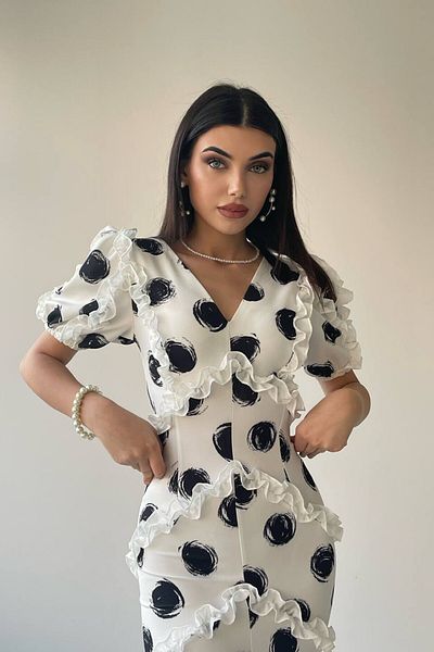 HASYAMORE White Polka Dot Ruffle Detail Midi Length Special Design Dress