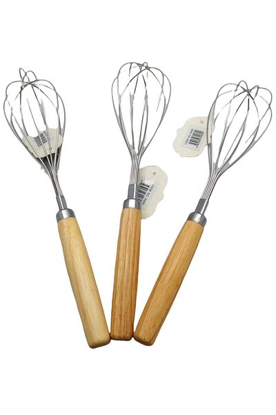 sweenhome 3 Pieces 29 cm Bamboo Handle Steel Wire Whisk