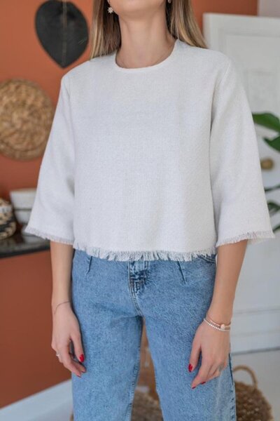 Kokosh moda DRESSIFY ΓΥΝΑΙΚΕΙΑ ΜΟΔΑ Λευκή Μπλούζα με Λεπτομέρεια Φούντας