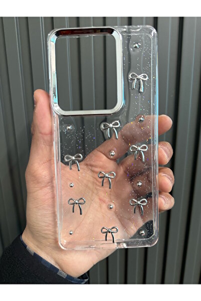 m.tk moveteck Xiaomi Redmi Note 13 Pro 4g Uyumlu Fiyonk Desenli Şeffaf Kılıf Simli Darbeye Karşı Dayanıklı Papyon