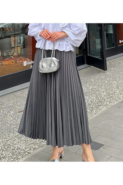 MYFAZEL Leather Look Pleated Long Skirt