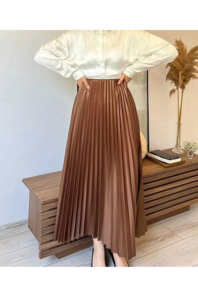 MYFAZEL Leather Look Pleated Long Skirt