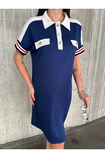 sportiness Garnish Buttoned Polo Collar Sleeve Striped Modal Fabric Dress
