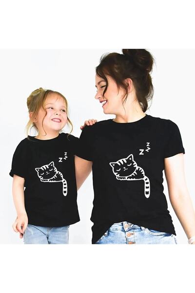 NoVibe Mother Daughter Παιδί Sleeping Cat Printed Crew Neck Βαμβακερό μπλουζά...