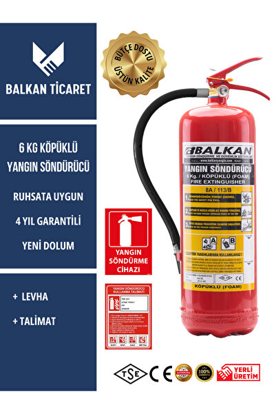 Balkan Ticaret Köpüklü Yangın Söndürme Tüpü 6Kg 4 Yıllık Ruhsata Uygun (Levha...