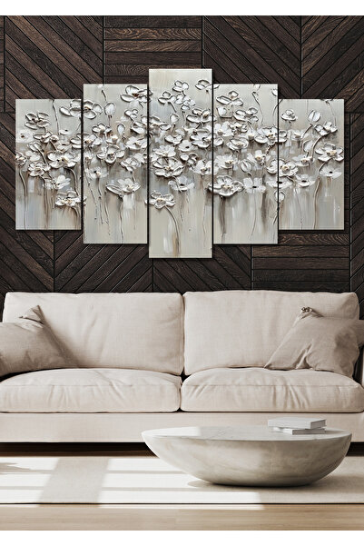 NT Handmade 5 Parça Kabartma Görünümlü Çiçekler Duvar Dekoru Salon Oturma Yat...