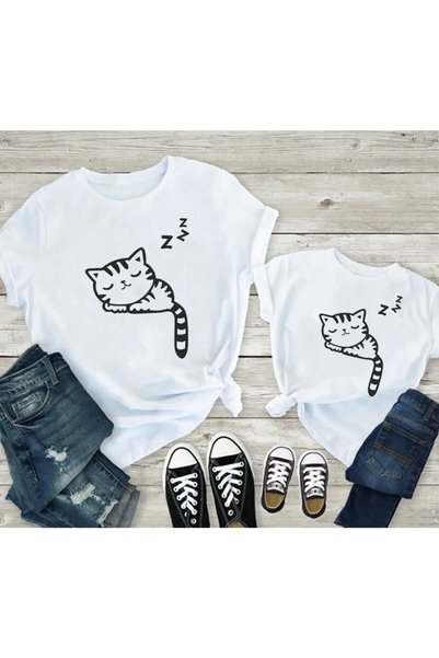 NoVibe Mother Daughter Child Sleeping Cat Printed Crew Neck Cotton T-shirt (Buy 2 Pieces to Make a Combination)