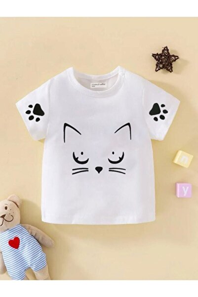 NoVibe Tricou pentru copii oversize unisex cu imprimeu White Cat Meow