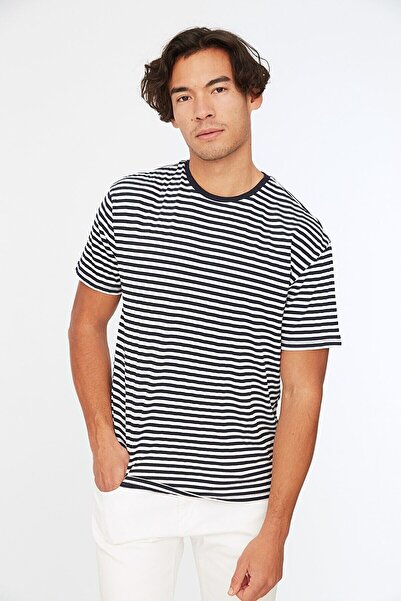 NoVibe Navy Blue Men's Crew Neck Short Sleeve Striped T-shirt