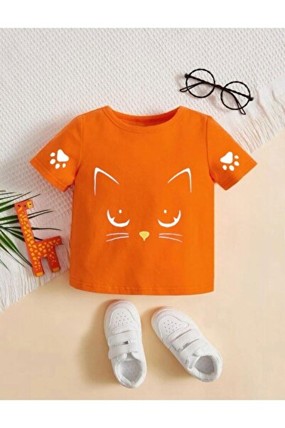 NoVibe Dečja narančasta mačka Meow Štampano Oversize kroj Unisex deca T-shirt