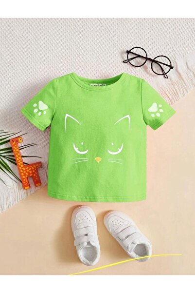 NoVibe Dečji pistacij zeleni mačka Meow Štampano Oversize kroj Unisex deca T-...