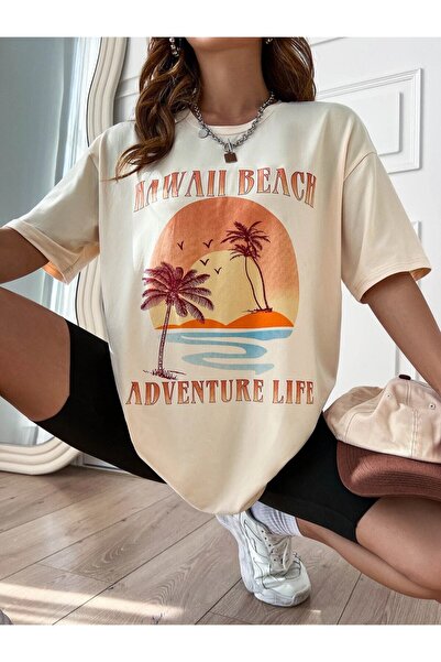 NoVibe Μπλουζάκι Hawaii Beach Adventure Life Printed Beige Oversize