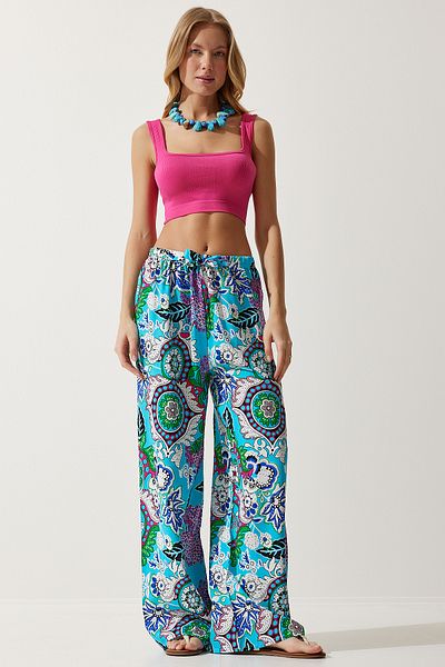 Lovelyİstanbul Patterned Flowing Viscose Palazzo Trousers Len0003 Turquoise