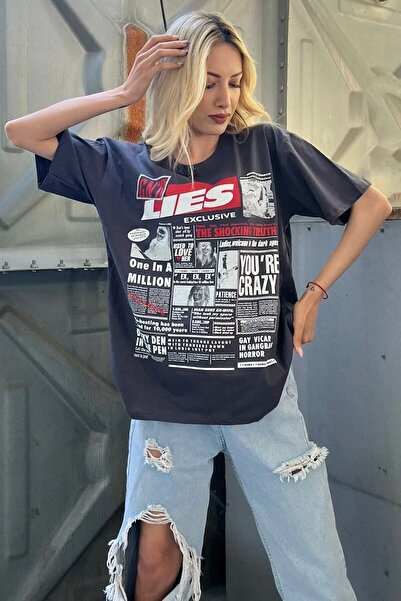 NoVibe Tricou oversize cu imprimeu exclusiv Lies față și spate