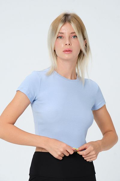 PUNKY CAT Women's Blue Crew Neck Short Sleeve Basic Ribbed T-Shirt