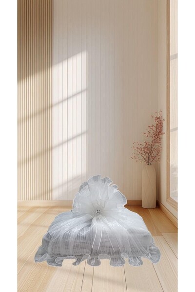 Butik Ekru Renk Piliseli Tül Güllü Fiyonklu Söz Nişan Süs Bohça 40x50