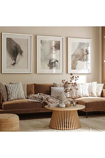 KOLAJTASARIM Kahve ve Krem Detaylı Paspartu Efektli Beyaz Metal Çerçeveli Cam Tablo /S