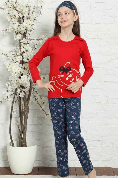 ALİMER Red Girl's Crew Neck Long Sleeve Cat Patterned Special Design Pajama Set Edy5157uk-k