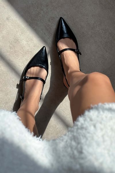 NİŞANTAŞI SHOES X-Harmony Schwarz Gemustert Gürtel Detail Spitze Zehe Kurzer Absatz Damen Babet