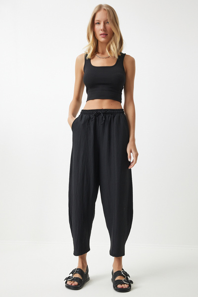Lovelyİstanbul Καλοκαιρινό Λεπτό Φαρδύ Παντελόνι ΜΑΥΡΟ LCI0029