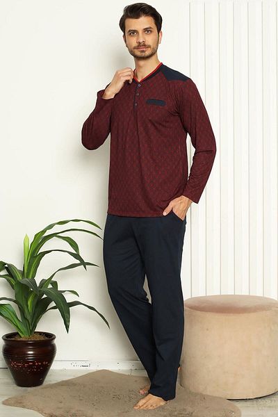 ALİMER Men's Claret Red O-Neck Plaid Buttoned Long Sleeve Pocket Plus Size Pajama Set Edy1179ukb-b