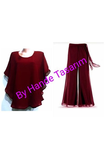 BY HANDE TASARIM Bluză damă sifon visiniu pelerina pantaloni tahim