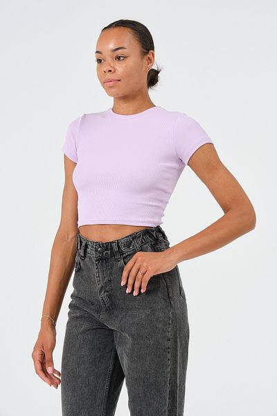 PUNKY CAT Women's Lilac Crew Neck Short Sleeve Basic Ribbed T-Shirt