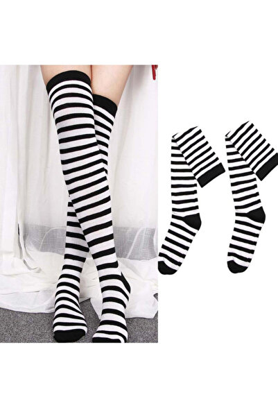 Shuttle Park Special Series Women's Extra Long Black White Black White Striped Knee High Socks