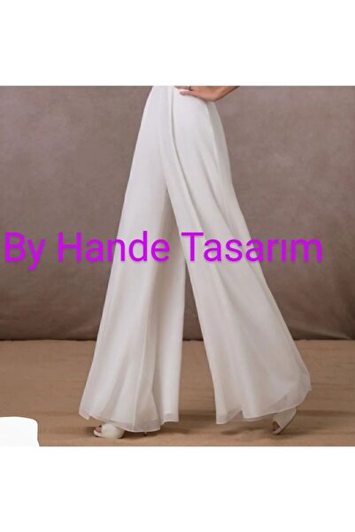 BY HANDE TASARIM Екрю креп-шифон жіночі штани - еластичний пояс, м'яка підкладка