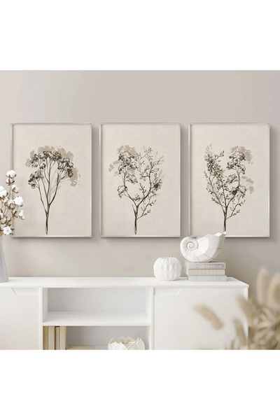 KOLAJTASARIM Minimalist Çiçek Eskizli Krem Tonlu Gümüş Metal Çerçeveli Cam Ta...